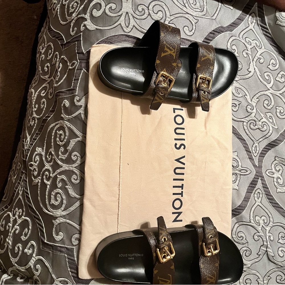 Louis Vuitton Brown Monogram Bom Dia Flat Mule Sandals with Gold Buckles - Picture 5 of 5